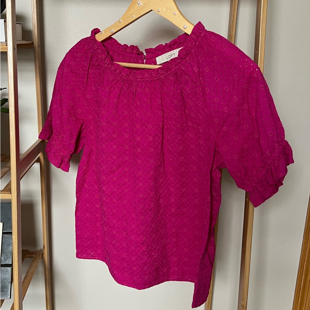 Eyelet Detail Ruffle Neck Fuchsia Top